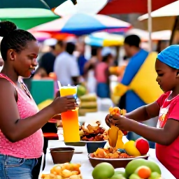 Caribbean Holidays, June Family Holidays, Family enjoying colourful local food at an outdoor market in Trinidad, tropical fruit, friendly vendors and lively Caribbean atmosphere