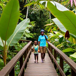 Caribbean Holidays, June Family Holidays, Family exploring a lush tropical rainforest trail in Tobago, wooden walkway, broad leaves, colourful birds and a friendly local guide