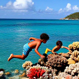 Caribbean Holidays, June Family Holidays, Family snorkelling in clear shallow water beside a colourful coral reef near St John, United States Virgin Islands