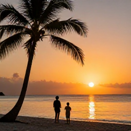 Caribbean Holidays, June Family Holidays, Family watching a vivid Caribbean sunset from a Tobago shoreline, warm orange sky, calm sea and silhouettes of palm trees