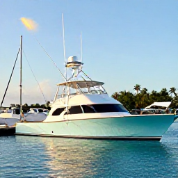 Caribbean Holidays, June Fishing, A bright June morning at a Turks and Caicos marina, with a modern fishing boat ready to leave, calm turquoise water and palm trees