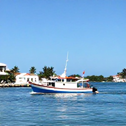 Caribbean Holidays, June Fishing, A colourful fishing boat leaving a sunny marina in Saint Martin and Sint Maarten, calm Caribbean water and tropical coastline