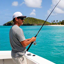 Caribbean Holidays, June Fishing, A friendly local fishing guide preparing rods and tackle on a charter boat in the British Virgin Islands