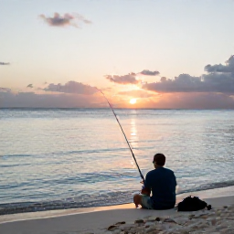 Caribbean Holidays, June Fishing, A relaxed angler on a white sandy beach in Turks and Caicos at sunset, with fishing gear and calm sea in the background