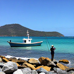 Caribbean Holidays, June Fishing, A small fishing boat near a rocky Caribbean shoreline with an angler casting beside clear turquoise water and green hills