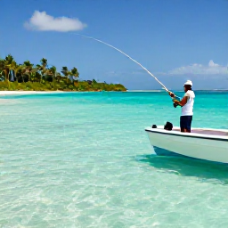 Caribbean Holidays, June Fishing, Angler casting from a small boat beside a colourful Caribbean reef, with palm-fringed islands and clear shallow water