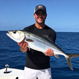 Caribbean Holidays, June Fishing, Angler holding a large fish beside a charter boat in the blue waters off Trinidad