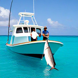 Caribbean Holidays, June Fishing, Anglers aboard a fishing charter near Providenciales, reeling in a large game fish against a vivid blue Caribbean sea