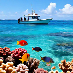 Caribbean Holidays, June Fishing, Colourful reef fish around coral and clear shallow water near Turks and Caicos, viewed by a small fishing boat