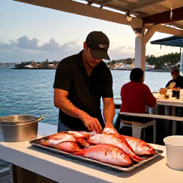 Caribbean Holidays, June Fishing, Freshly caught Caribbean fish being prepared at a waterfront restaurant in Sint Maarten, relaxed evening atmosphere and harbour views