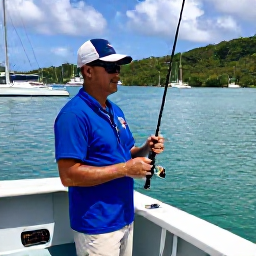 Caribbean Holidays, June Fishing, Friendly local fishing guide preparing rods and tackle at a Trinidad and Tobago marina