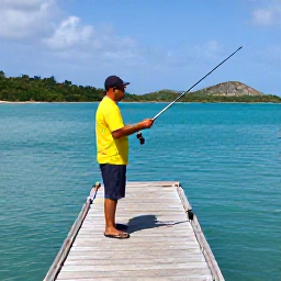 Caribbean Holidays, June Fishing, Friendly local fishing guide preparing rods on a Caribbean harbour jetty in Saint Vincent and the Grenadines