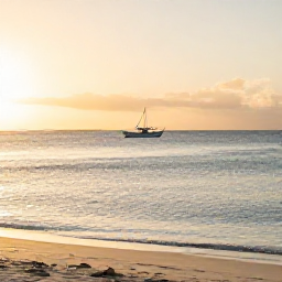 Caribbean Holidays, June Fishing, Golden evening on Grace Bay Beach in Turks and Caicos, with calm water, white sand and a fishing boat in the distance
