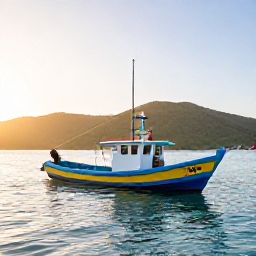 Caribbean Holidays, June Fishing Jamaica, A colourful Jamaican fishing boat leaving a tropical harbour at sunrise, calm turquoise sea and green hills in the background