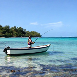 Caribbean Holidays, June Fishing Jamaica, A Jamaican angler fishing from a small boat near a coral reef, clear shallow water and colourful tropical coastline