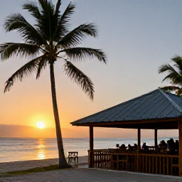 Caribbean Holidays, June Fishing Jamaica, A relaxed Jamaican seaside restaurant serving freshly prepared fish beside a palm-fringed beach at sunset