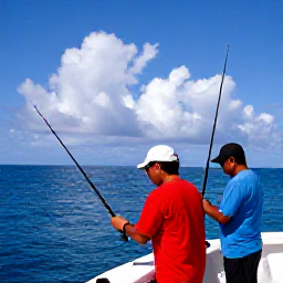 Caribbean Holidays, June Fishing Jamaica, A sport-fishing boat on open blue Caribbean water with anglers preparing rods and tropical clouds overhead