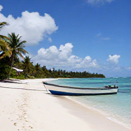 Caribbean Holidays, June Fishing, Small fishing boat near a quiet Tobago beach with palm trees and clear turquoise water