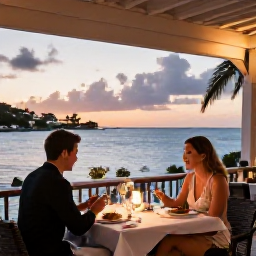 Caribbean Holidays, June Getaways, Couple dining at an elegant open-air restaurant in Grand Case, Saint Martin, at sunset with Caribbean food and sea views