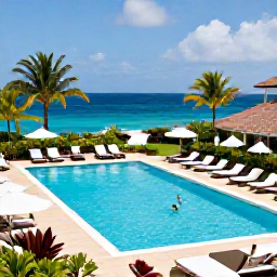 Caribbean Holidays, June Getaways, Elegant adults-only Caribbean resort pool in Saint Martin, June, with sun loungers, tropical gardens and ocean beyond