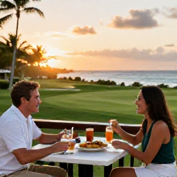 Caribbean Holidays, June Golf Holidays, A couple enjoying a relaxed evening at a Puerto Rico seaside restaurant after a day of golf, with local food and sunset views