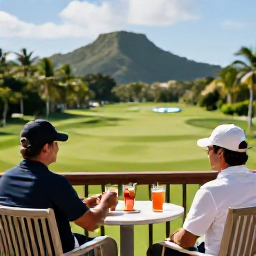 Caribbean Holidays, June Golf Holidays, A golfer relaxing at a Caribbean clubhouse terrace after a round, with cool drinks, palm trees and Trinidad hills in the background