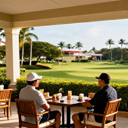 Caribbean Holidays, June Golf Holidays, A golfer relaxing at a Puerto Rico clubhouse terrace after playing, with tropical gardens, refreshments and warm afternoon light