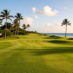 Caribbean Holidays, June Golf Holidays, A lush Barbados golf course under warm June sunshine, with palm trees, fairways and distant blue Caribbean sea