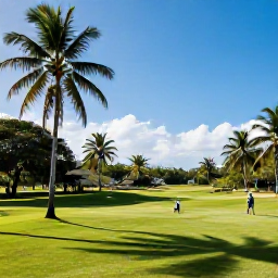 Caribbean Holidays, June Golf Holidays, A lush Caribbean golf course in Trinidad with palm trees, tropical greenery and golfers enjoying a sunny June morning