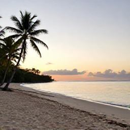 Caribbean Holidays, June Golf Holidays, A quiet Tobago beach near Mount Irvine at sunset, with calm sea, pale sand and a few palm trees