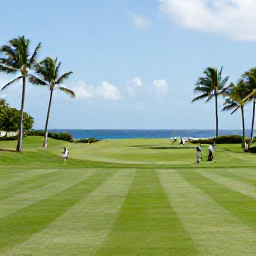 Caribbean Holidays, June Golf Holidays, A sunny Puerto Rico golf course beside the Caribbean Sea in June, with palm trees, green fairways and golfers enjoying a relaxed round
