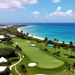 Caribbean Holidays, June Golf Holidays, Aerial view of Grand Cayman coastline with a lush golf course, palm trees and bright blue Caribbean sea