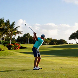 Caribbean Holidays, June Golf Holidays, Golfer preparing to tee off on a scenic Barbados course, with manicured greens, tropical plants and bright morning light