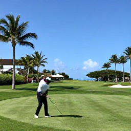 Caribbean Holidays, June Golf Holidays, Golfer teeing off on a manicured Caribbean golf course surrounded by palm trees and tropical vegetation