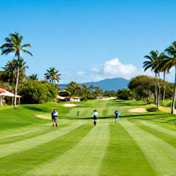 Caribbean Holidays, June Golf Holidays, Golfers approaching a beautifully maintained fairway in Puerto Rico, with tropical vegetation, blue sky and distant mountains