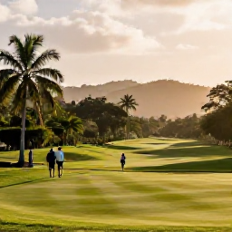 Caribbean Holidays, June Golf Holidays, Golfers walking beside a well-maintained fairway in Trinidad, with tropical trees, distant hills and soft morning light