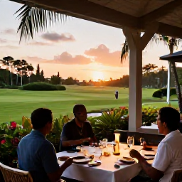 Caribbean Holidays, June Golf Holidays, Outdoor Caribbean restaurant at sunset with golfers enjoying dinner, tropical plants and warm evening light