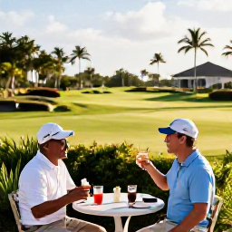 Caribbean Holidays, June Golf Holidays, Relaxed golfers enjoying a drink beside a Barbados clubhouse after a round, with tropical gardens and late afternoon sunshine