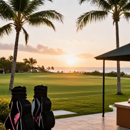 Caribbean Holidays, June Golf Holidays, Stylish Barbados resort with golf bags ready outside, palm trees, comfortable accommodation and a glowing Caribbean sunset