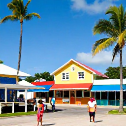 Caribbean Holidays, June Holidays, A family exploring a lively Dominican Republic beach town with local shops, colourful buildings, palm trees, and a sunny Caribbean atmosphere