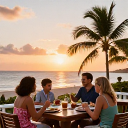 Caribbean Holidays, June Holidays, A family sharing a relaxed sunset meal at an outdoor restaurant in the Dominican Republic, with tropical scenery and warm evening light