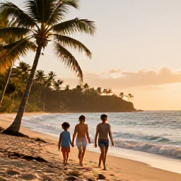 Caribbean Holidays, June Holidays, A happy family walking along a quiet Dominican Republic beach at sunrise, with soft golden light, palm trees, and calm Caribbean waves