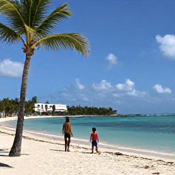 Caribbean Holidays, June Holidays, A sunny family-friendly beach at a Dominican Republic resort in June, with palm trees, calm turquoise water, and children playing safely by the shore