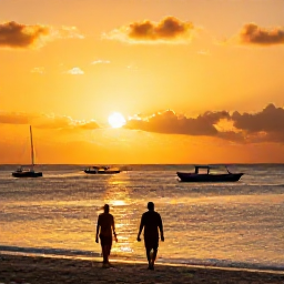 Caribbean Holidays, June Holidays, Golden sunset over a calm Caribbean beach in Saint Martin, with a couple walking beside the water and small boats offshore