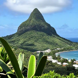 Caribbean Holidays, June Holidays, Green June landscape on Saint Vincent with a rainforest-covered mountain, coastal village and Caribbean sea under soft sunshine