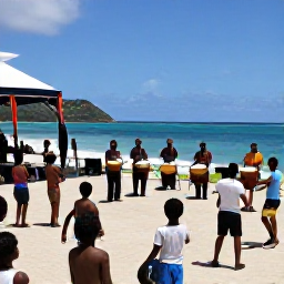 Caribbean Holidays, June Holidays, June cultural music performance in Saint Vincent, with drummers, dancers and families gathered outdoors near the coast