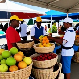Caribbean Holidays, June Holidays, Outdoor Caribbean market in Marigot, Saint Martin, with baskets of tropical fruit, spices, handmade crafts and friendly local traders