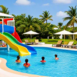 Caribbean Holidays, June Holidays, Parents and children enjoying a colourful Dominican Republic resort pool with slides, shaded loungers, and tropical gardens