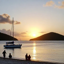 Caribbean Holidays, June Holidays, Sailing boat passing green Caribbean islands at sunset, with visitors enjoying a peaceful June evening in the British Virgin Islands