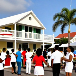 Caribbean Holidays, June Holidays, Traditional Caribbean music and dancing at a welcoming community cultural event on Saint Martin, with decorated buildings and palm trees